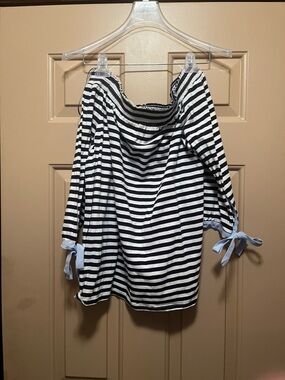 Tommy Hilfiger Navy and White Striped Off-Shoulder Blouse
